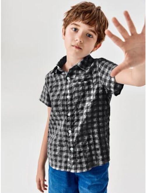 Haloumoning Boys' Casual Plaid Short Sleeve Button Down Shirts Kids Cotton Top with Chest Pocket 5-14Y