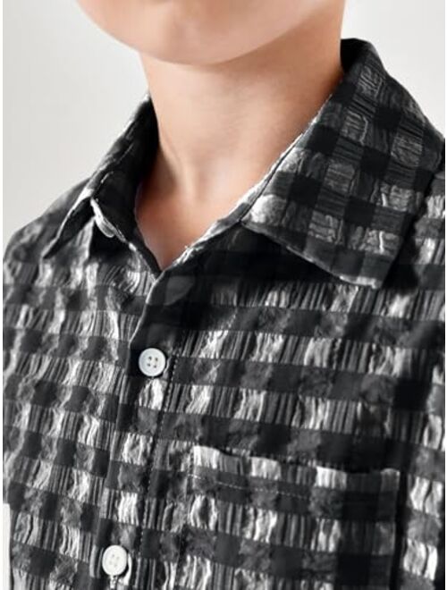 Haloumoning Boys' Casual Plaid Short Sleeve Button Down Shirts Kids Cotton Top with Chest Pocket 5-14Y