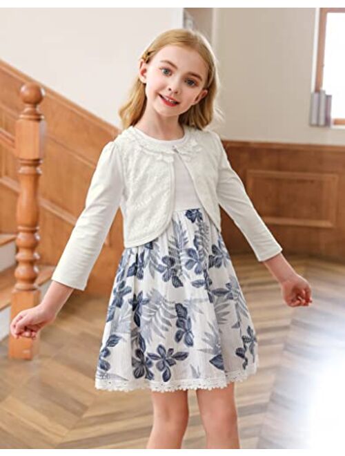 RAYPOSE Little Girls Cardigan Sweater Long Sleeve Dress Cover Up Pearl Button Open Front Lace Bolero Shrug Cotton