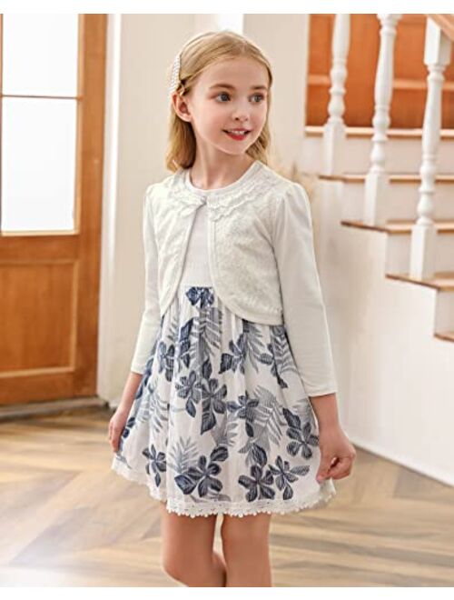 RAYPOSE Little Girls Cardigan Sweater Long Sleeve Dress Cover Up Pearl Button Open Front Lace Bolero Shrug Cotton