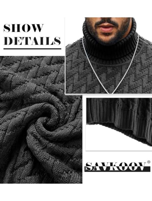 SAVKOOV Men's Slim Fit Turtleneck Sweater Cable Knitted Pullover Sweaters