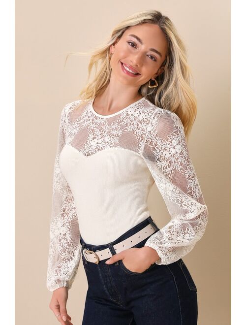 Lulus Sweetest Charisma Ivory Lace Ribbed Knit Long Sleeve Top