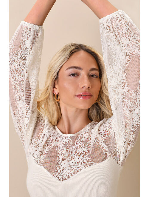 Lulus Sweetest Charisma Ivory Lace Ribbed Knit Long Sleeve Top