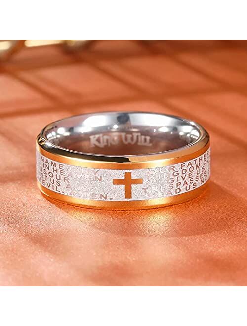King Will 8mm Lord's Prayer Cross Ring Stainless Steel Ring Gold Silver Wedding Band Bible Engraved Rings High Polished