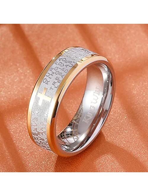 King Will 8mm Lord's Prayer Cross Ring Stainless Steel Ring Gold Silver Wedding Band Bible Engraved Rings High Polished