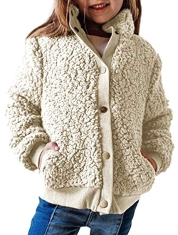 GAMISOTE Girls Warm Fleece Jacket Button Up Faux Shearling Chunky Outerwear Coat With Pockets