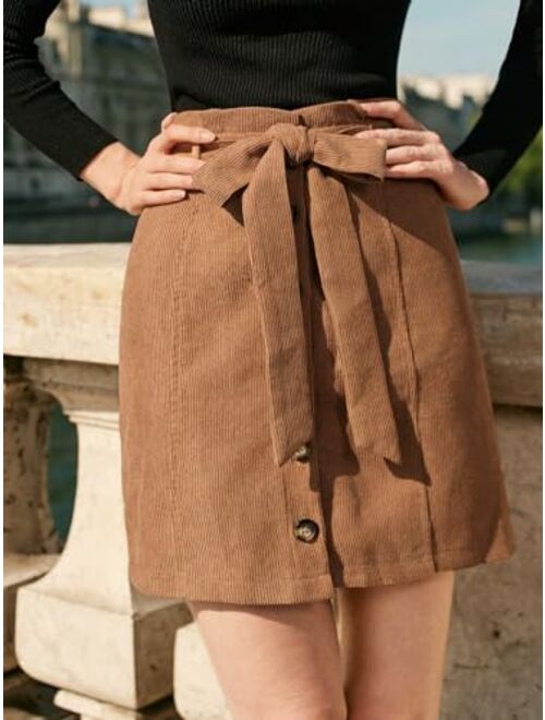 WDIRARA Women's Bow Front Belted Button Front High Waisted Slim Fitted Casual Mini Skirts