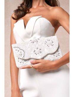 Gorgeous Finish White Beaded Sequin Rhinestone Floral Clutch