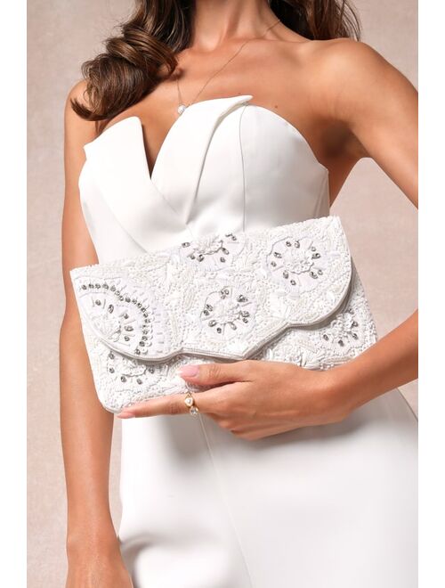 Lulus Gorgeous Finish White Beaded Sequin Rhinestone Floral Clutch
