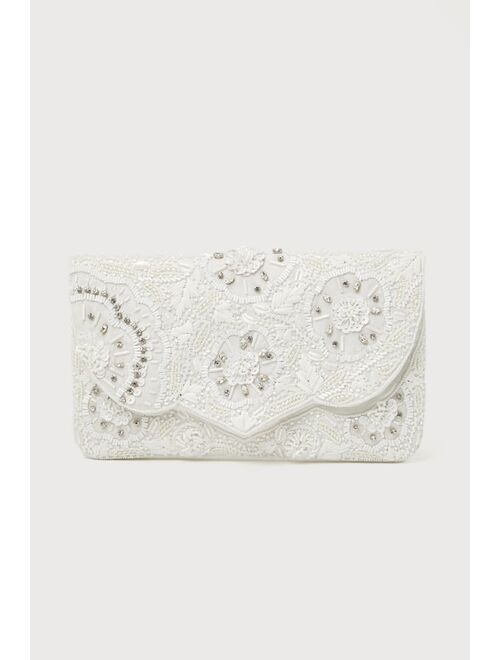 Lulus Gorgeous Finish White Beaded Sequin Rhinestone Floral Clutch