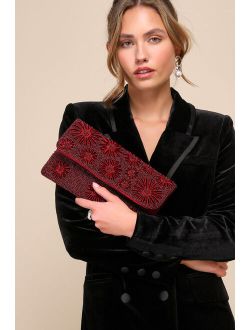 Exclusive Presence Wine Red Beaded Floral Clutch