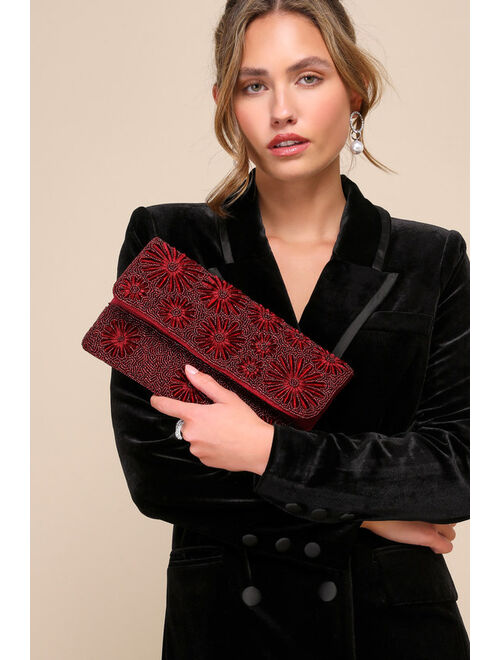 Lulus Exclusive Presence Wine Red Beaded Floral Clutch