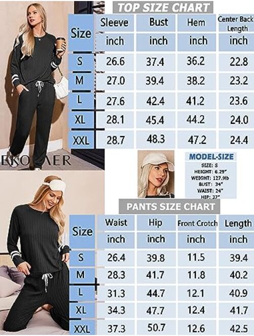 Ekouaer Lounge Sets for Women Ribbed Knit Outfits Pajamas Sets 2 Piece Long Sleeve Sweatsuits with Pockets