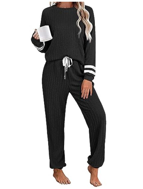 Ekouaer Lounge Sets for Women Ribbed Knit Outfits Pajamas Sets 2 Piece Long Sleeve Sweatsuits with Pockets