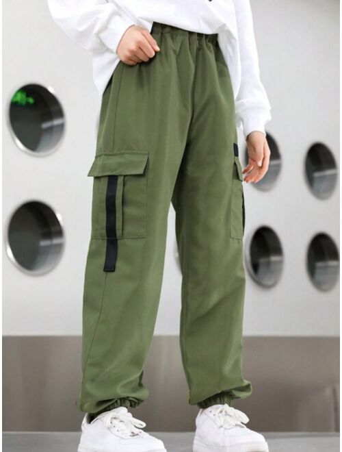 SHEIN Kids SUNSHNE Boys' Letter Print Camo Green Cargo Pants, Size Xl