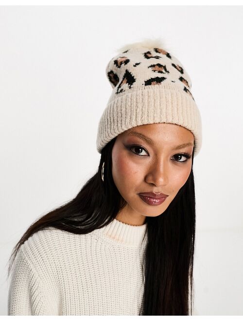 French Connection animal print bobble hat in cream