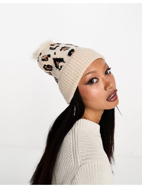 French Connection animal print bobble hat in cream