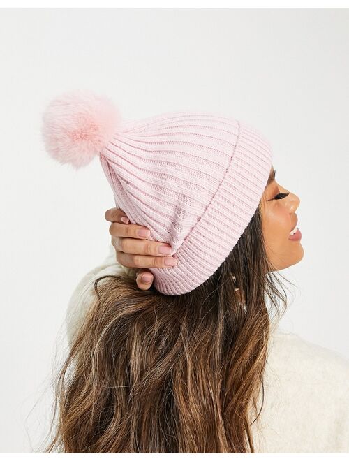 French Connection ribbed knit bobble hat in pink