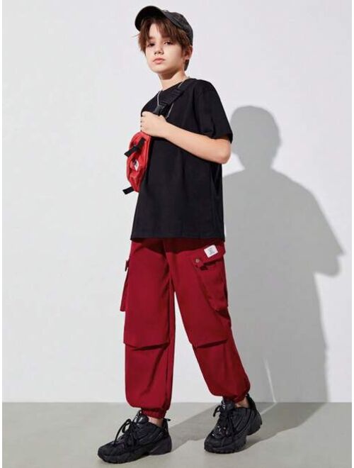SHEIN Kids EVRYDAY Tween Boys' Loose Fit Casual Solid Color Jogger Pants With Elastic Cuffs