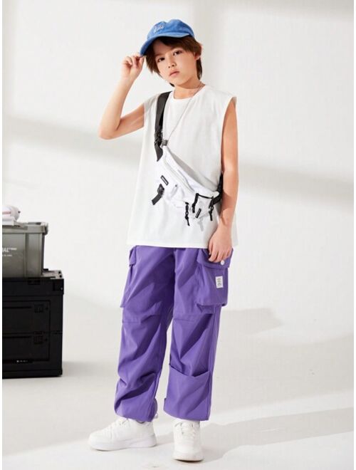 SHEIN Kids KDOMO Boys' Casual Trousers With Three-Dimensional Pockets And Loose Leggings Woven Solid Color Trousers
