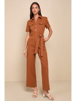 Practical Perfection Rust Brown Twill Short Sleeve Jumpsuit