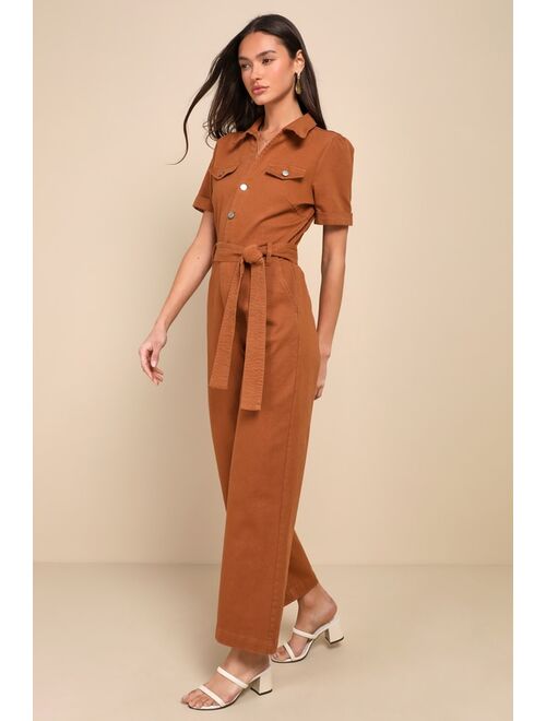 Lulus Practical Perfection Rust Brown Twill Short Sleeve Jumpsuit