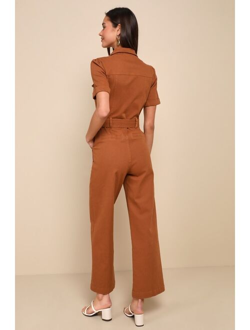 Lulus Practical Perfection Rust Brown Twill Short Sleeve Jumpsuit