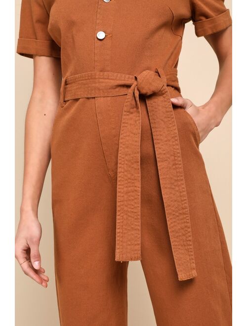 Lulus Practical Perfection Rust Brown Twill Short Sleeve Jumpsuit