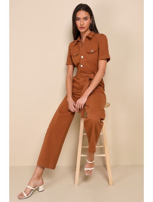 Lulus Practical Perfection Rust Brown Twill Short Sleeve Jumpsuit