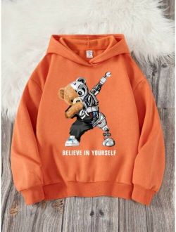 Tween Boy Casual Bear Slogan Print Fleece Hoodie With Long Sleeve, Suitable For Fall And Winter