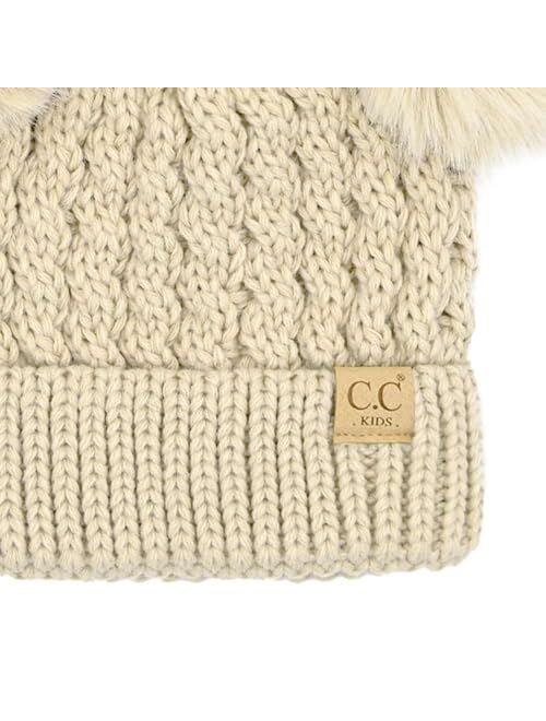 C.C Kids' Cable Knit Double Pom Beanie for Kids - Comfortable Soft Warm Children Youth Skully Hat with Pom