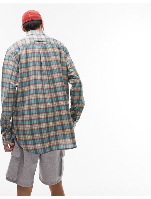 Topman long sleeve extreme oversized fit plaid shirt in blue