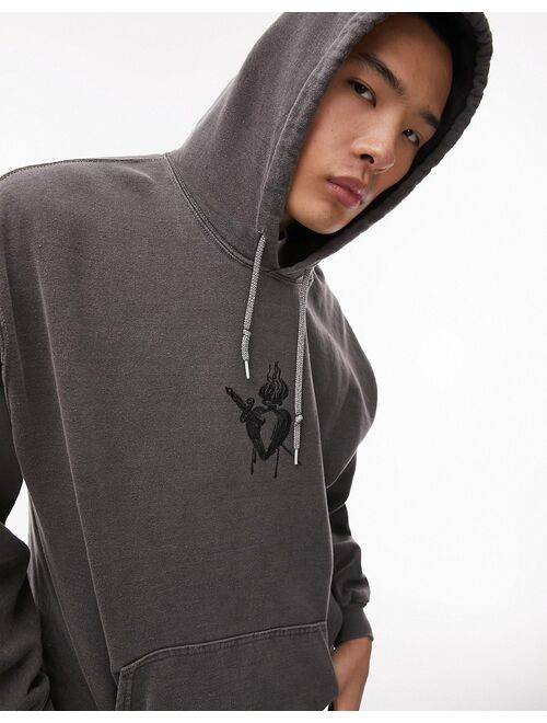 Topman oversized fit hoodie with sacred heart tattoo in washed black