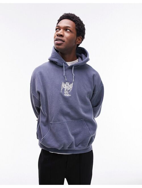 Topman oversized hoodie with angel embroidery in washed blue