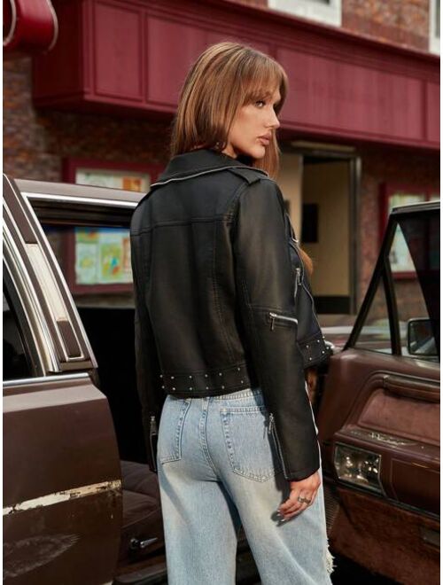 Apperloth A Punk Vintage Rivet Decor Zipper PU Leather Crop Motorcycle Coat Jacket