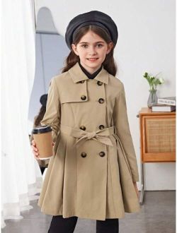 Tween Girl 1pc Double Breasted Fold Pleated Belted Trench Coat