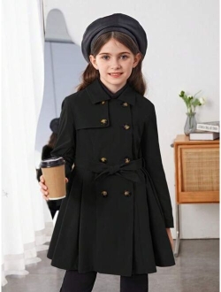 Tween Girl 1pc Double Breasted Fold Pleated Belted Trench Coat
