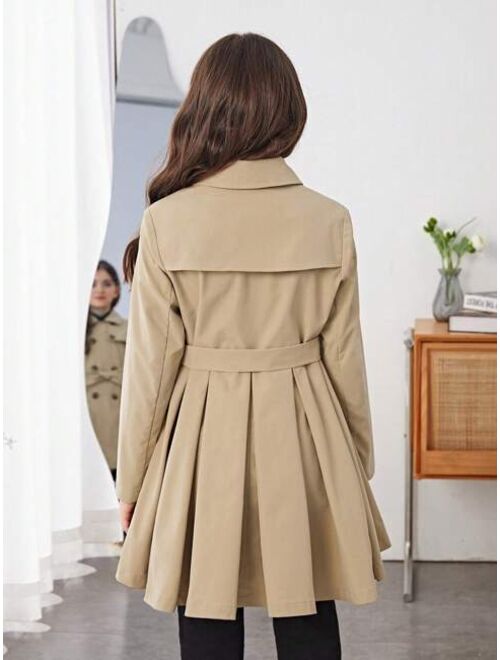SHEIN Tween Girl 1pc Double Breasted Fold Pleated Belted Trench Coat
