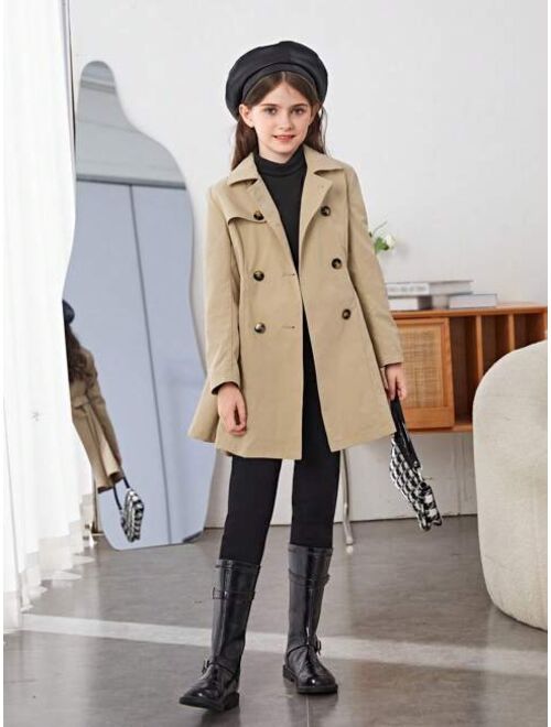 SHEIN Tween Girl 1pc Double Breasted Fold Pleated Belted Trench Coat