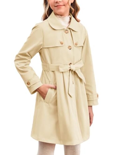 Haloumoning Girls Single Breasted Trench Coat Kids Lapel Long Sleeve Tie Belt Outerwear with Pockets