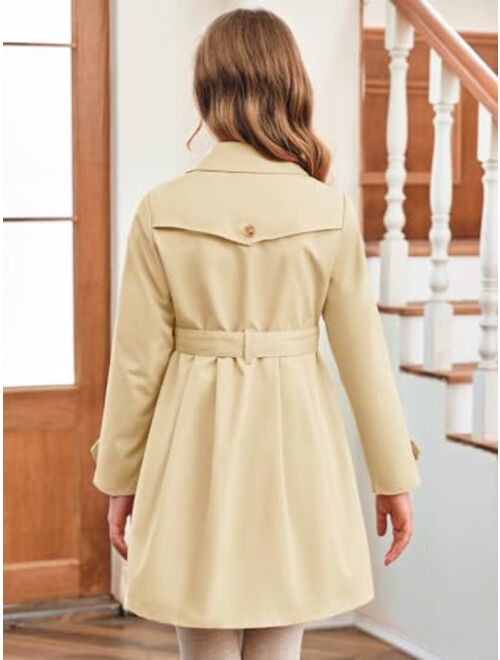 Haloumoning Girls Single Breasted Trench Coat Kids Lapel Long Sleeve Tie Belt Outerwear with Pockets