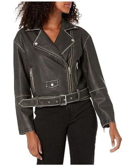 [BLANKNYC] womens Luxury Clothing Vegan Leather Moto Jacket With Belt, Comfortable & Stylish Coat