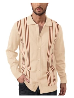 Aulemen Mens Knit Polo Shirts Long Sleeve Vintage Striped Button Down Cardigan Sweaters Collar Golf Shirts