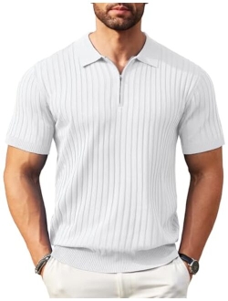 Men's Zipper Polo Shirts Short Sleeve Ribbed Knit Polo T Shirts Fashion Casual Golf Shirts