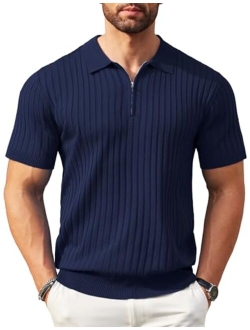 Men's Zipper Polo Shirts Short Sleeve Ribbed Knit Polo T Shirts Fashion Casual Golf Shirts