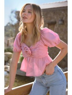 Always Beloved Rose Pink Ruched Rosette Puff Sleeve Top