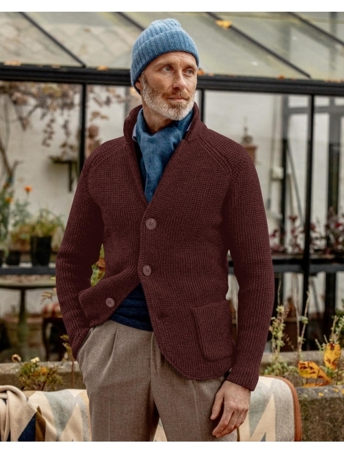 Beotyshow Men's Shawl Collar Cardigans Long Sleeve Button Down Casual Knitted Slim Fit Cardigan Sweater with Pocket