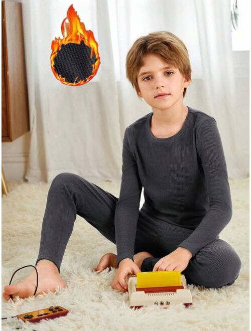 SHEIN Tween Boy Solid Rib-knit PJ Set