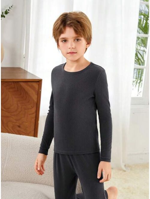SHEIN Tween Boy Solid Rib-knit PJ Set