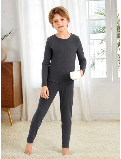 SHEIN Tween Boy Solid Rib-knit PJ Set